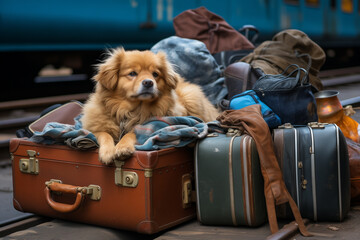 Generative ai of a traveling dog and many luggage. 
