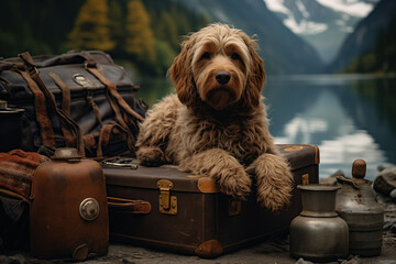Generative ai of a traveling dog and many luggage.  - 788015116