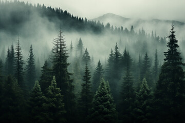 
Dense morning fog in alpine landscape with fir trees and mountains.
- 788015524