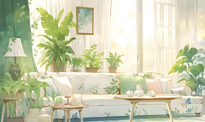 Fototapeta premium Illustration of cozy green living room with big windows, Generative AI 