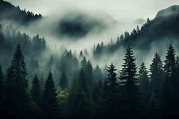 	
Dense morning fog in alpine landscape with fir trees and mountains.	
 - obrazy, fototapety, plakaty