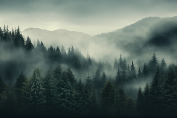 	
Dense morning fog in alpine landscape with fir trees and mountains.	
