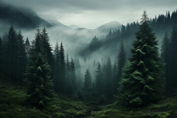 
Dense morning fog in alpine landscape with fir trees and mountains.
- 788015574