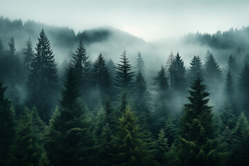 	
Dense morning fog in alpine landscape with fir trees and mountains.	

