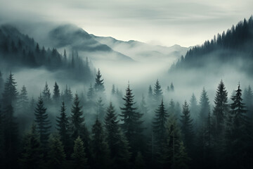 
Dense morning fog in alpine landscape with fir trees and mountains.
- 788015581