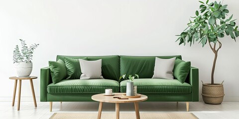 Minimalist living room in green tones, green comfortable sofa in the gentle sunlight, interior design , creative , background, wallpaper.