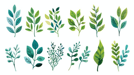 Green leaf decorations set. Natural leaves of foliage - obrazy, fototapety, plakaty