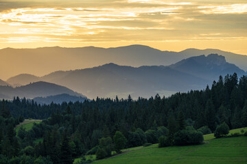 Idyllic landscape in the Pieniny Mountains with trees and fresh green meadows and foggy hills in the background