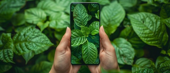 Viewing green leaves through a smartphone, an example of augmented reality that merges technology with the natural environment for educational purposes.