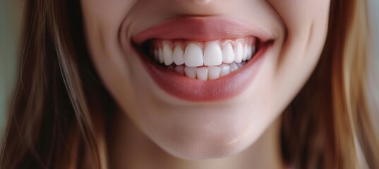 Fototapeta premium woman smiling with white teeth close up in a dental clinic background with a banner for a healthy smile and clean teeth concept. Copy space for a text banner stock photo concept.