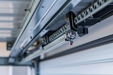 Close up of white garage door mechanism with torsion spring quick connect arm T rail and chain In...