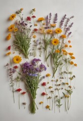 An artistic still life arrangement of mixed wildflowers against a white backdrop