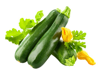 Fresh zucchini vegetables with green leaves and yellow flowers. Organic natural food. Isolated. PNG. - 788016965