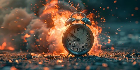 Alarm Clock on Pile of Fire. Generative AI - obrazy, fototapety, plakaty