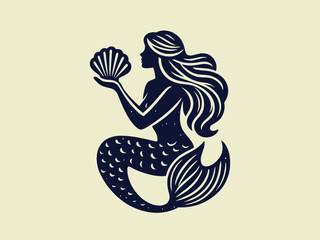 Image of Beautiful mermaid holding a shell in her hands. Vintage retro engraving illustration. Black icon, isolated element printed on Printed Glass Splashbacks
