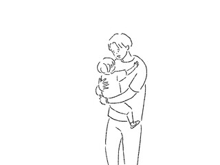 親子、小さい子供を抱っこする若い男性（父親）、線画