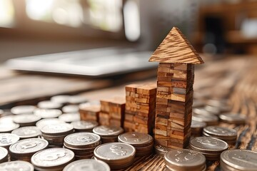 Wooden House on Pile of Coins. Generative AI - obrazy, fototapety, plakaty