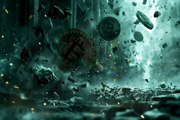 A dark, cinematic portrayal of Bitcoin during a market downfall. - obrazy, fototapety, plakaty
