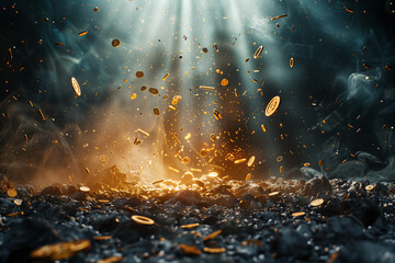 Financial catastrophe concept with Bitcoins and debris flying chaotically. - obrazy, fototapety, plakaty