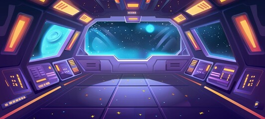 Spaceship interior. Cartoon illustration of a futuristic space station command deck with a view of outer space through the front viewport, ideal for game background or sci-fi scenes.