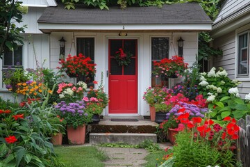 Cozy house with red door and colorful flower pots in front yard Picture from sidewalk - Powered by Adobe