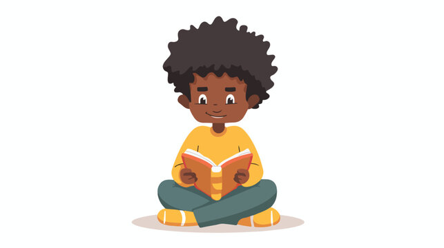 Happy African child reading book. Afro-American boy 