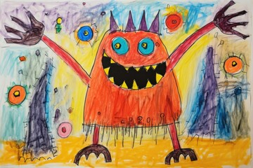 childlike drawing of colorful monster illustration