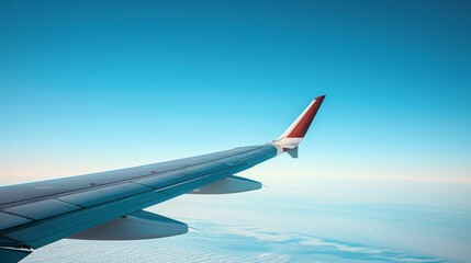 Fototapeta premium Airplane Wings: A photo of an airplane wing against a clear blue sky