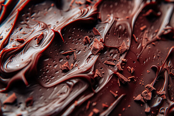 Soft melted chocolate ice cream background with pieces of chocolate chips. Textured, Liquid, Sweet Sauce macro