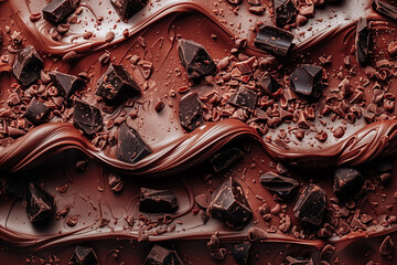 Soft melted dark chocolate ice cream background with pieces of chocolate chips. Textured, Liquid, Sweet Sauce macro