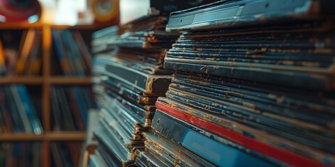 A Large Stack of Records in a Room. Generative AI - obrazy, fototapety, plakaty