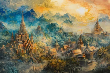 Fototapeten An ethereal Thai painting unveils an ancient town, its architecture and stories captured in vibrant colors and delicate brushstrokes. © Chaiyapuek