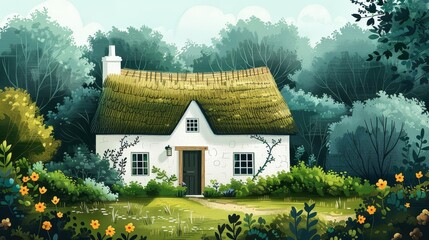 An illustration of a charming cottage with a thatched roof, surrounded by lush - obrazy, fototapety, plakaty