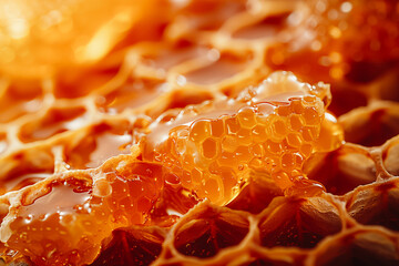 Golden liquid honey. Sticky orange texture. Honey flow from the honeycomb. Natural macro background
