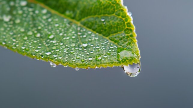 A macro photograph of a water droplet suspended on the edge of a vibrant green leaf against a striking grey background. The image captures the beauty of water droplets on foliage.