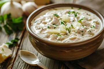 Creamy tuna butter and onion bowl on wood surface