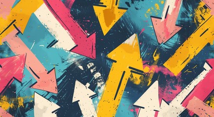 Dynamic arrows. A vibrant, hand-drawn illustration featuring a multitude of arrows pointing in various directions with a splattered paint effect