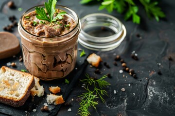 Croutons topped with homemade chicken liver pate in a glass jar Haute cuisine Top view with space for text