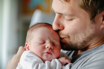 New father holding kissing his newborn baby in hands. Closeup portrait of mature daddy hugging infant child. Lifestyle together, single dad, father’s day holiday. Sleeping baby in dads arm. Childbirth