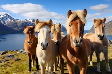 Tranquil Scenes - Fjord Horses Grazing Against Norwegian Landscape - obrazy, fototapety, plakaty