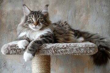 Curious Maine Coon cat resting on scratching post platform - obrazy, fototapety, plakaty