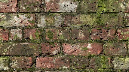 seamless texture of brick wall grunge with chipped paint, moss, and gritty texture