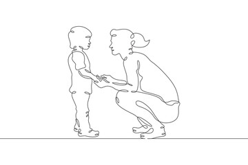 Fototapeta na wymiar Mother with child. Teacher with a baby in kindergarten. Teacher with student in elementary school. One continuous line . Line art. Minimal single line.White background. One line drawing. 