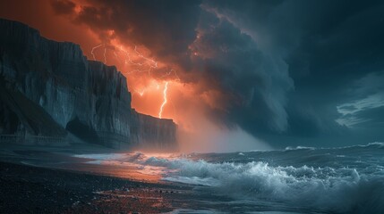Dramatic Landscapes: A photo of a coastal scene with towering cliffs and turbulent sea under a stormy sky