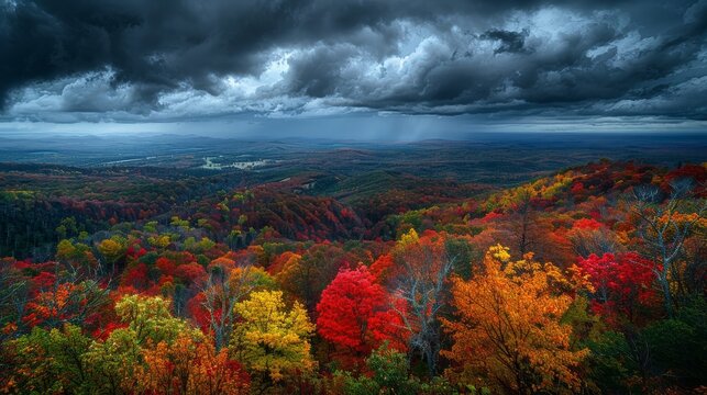 Dramatic Landscapes: A photo of a dramatic autumn landscape with colorful trees and storm clouds
