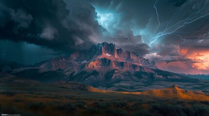 Dramatic Landscapes: A photo of a rugged mountain range under a stormy sky - obrazy, fototapety, plakaty