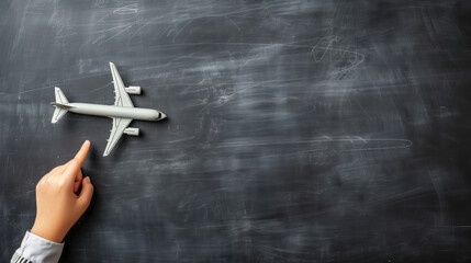 A hand pointing at a toy airplane on a black chalkboard with copy space for text. Touristic,...
