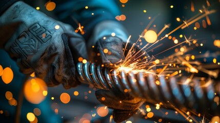 Electric Spark: A photo of an electrician repairing a faulty wire, with a small spark visible - obrazy, fototapety, plakaty