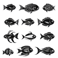 Fish vector icon pack, silhouette, mimimal mono line icon, black thick line art, black and white color isolated on white