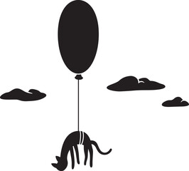 Vector illustration of a silhouette of a cat flying in a hot air balloon in a cloudy sky isolated on white background